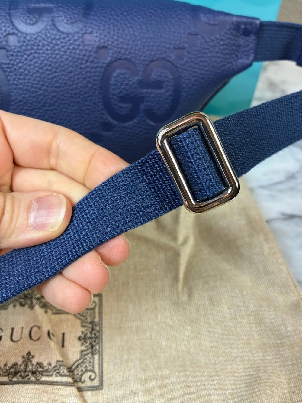 Gucci Jumbo GG Blue Leather Small Belt Bag Size 90cm - NWT Authentic - Picture 7 of 12